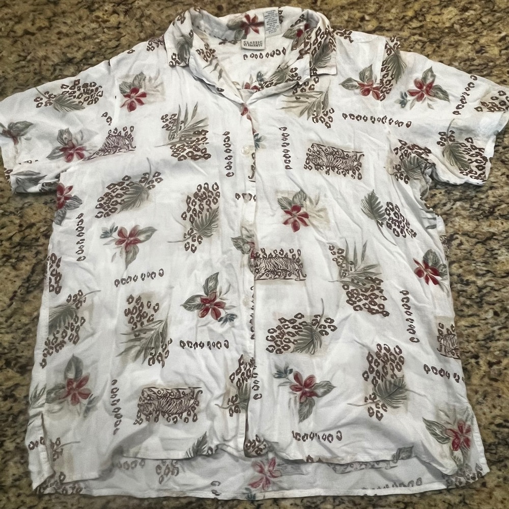 Classic Elements Womens XL Tropical Safari Leopard Tiger Floral Shirt White